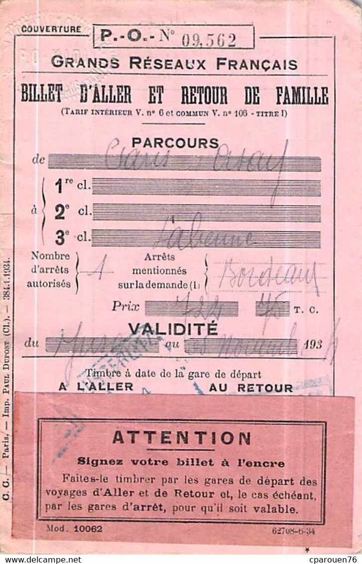 Itre De Transport Ticket FAMILLE P.O  Chemins De Fer ALLER ET RETOUR PARIS ORSAY LABENNE FEMME MARI FILLE DOMESTIQUE - Europa