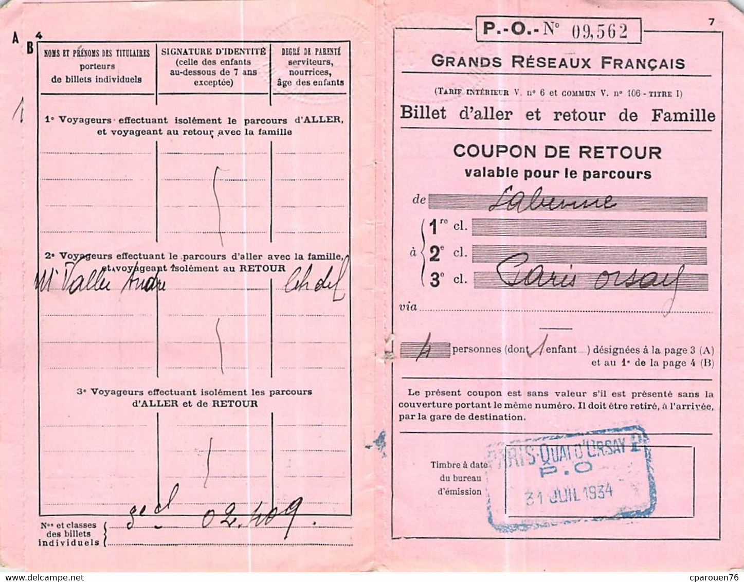 Itre De Transport Ticket FAMILLE P.O  Chemins De Fer ALLER ET RETOUR PARIS ORSAY LABENNE FEMME MARI FILLE DOMESTIQUE - Europa