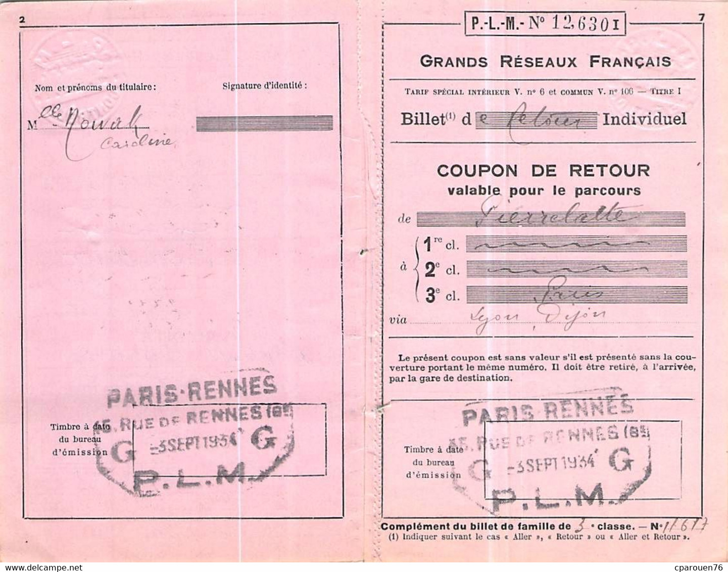 Itre De Transport Ticket INDIVIDUEL TRAIN  P L M Chemins De Fer  RETOUR PARIS PIERRELATTE - Europe