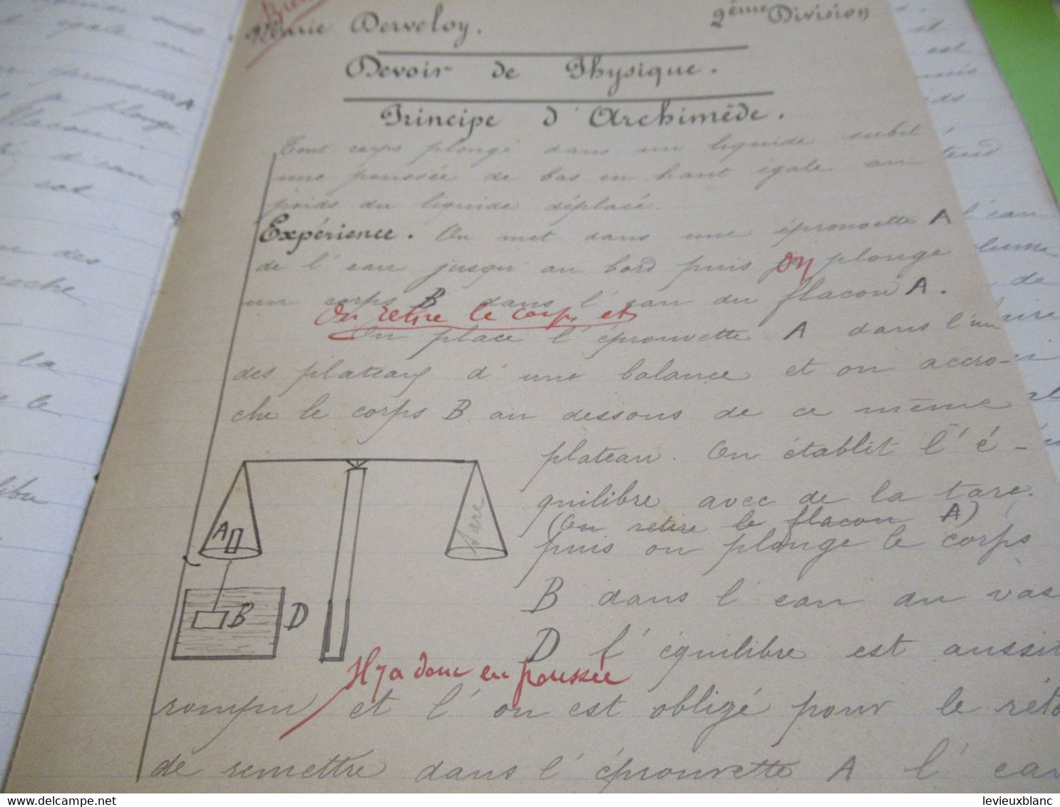 Cahier D'Ecole Ancien De Physique-Chimie/Avec Devoirs Corrigés Annotés Encre Rouge, Insérés/Marie DERVELOY/1889   CAH308 - Sonstige & Ohne Zuordnung