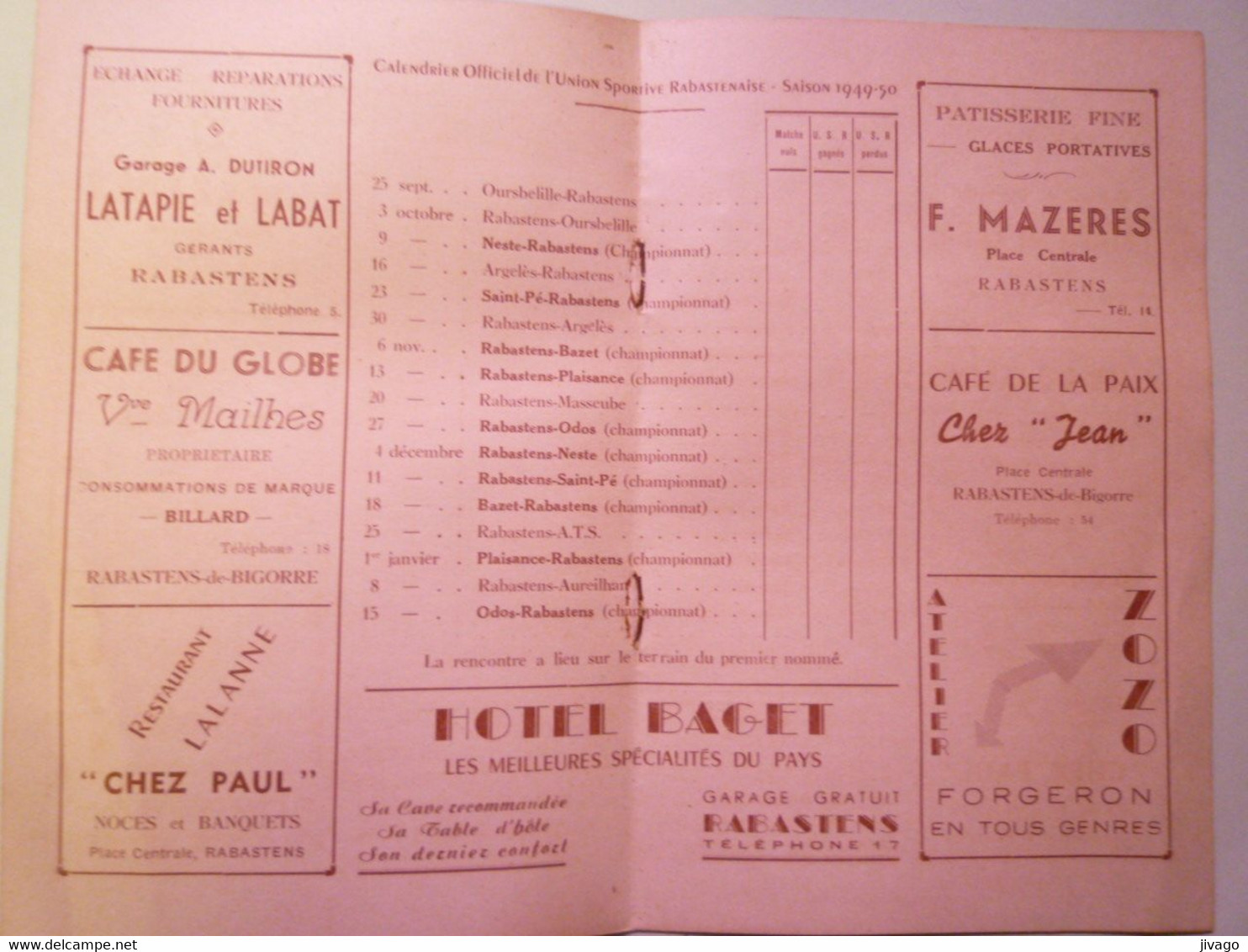 2020 - 8908  Calendrier De RUGBY De L'UNION SPORTIVE RABASTENAISE  Saison 1949 - 1950    XXX - Rugby