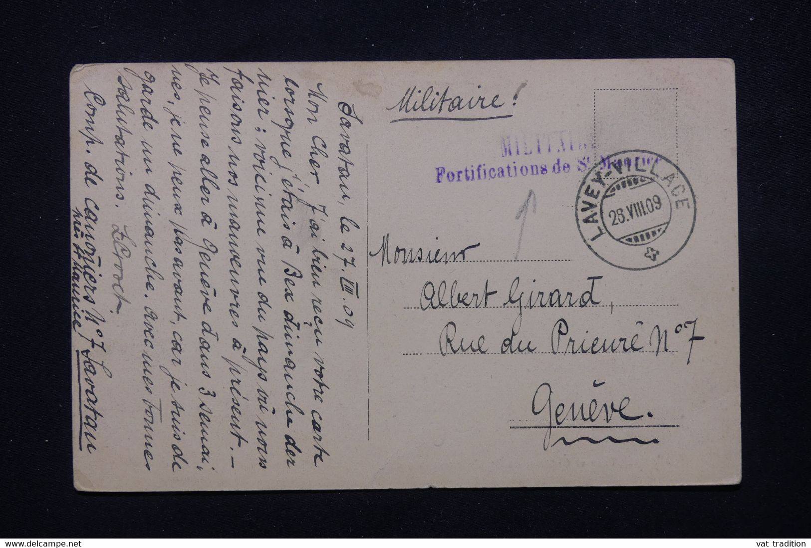 SUISSE - Griffe " Militaire Fortification De St Maurice " Sur Carte Postale En Fm En 1909 Pour Genève - L 80789 - Abstempelungen