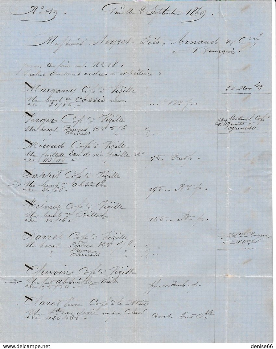 1869 GRENOBLE - ABSINTHE - Facture D'alcool Divers De La Maison DE LION  Pour VIZILLE & BOURGOIN - Historical Documents