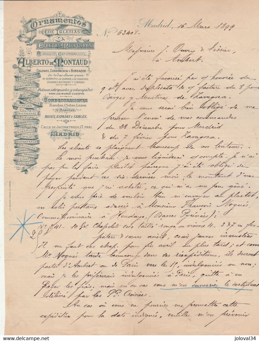 Lettre Illustrée 16/3/1899 Alberto De MONTAUD Ornements D'église MADRID Espagne - Spain
