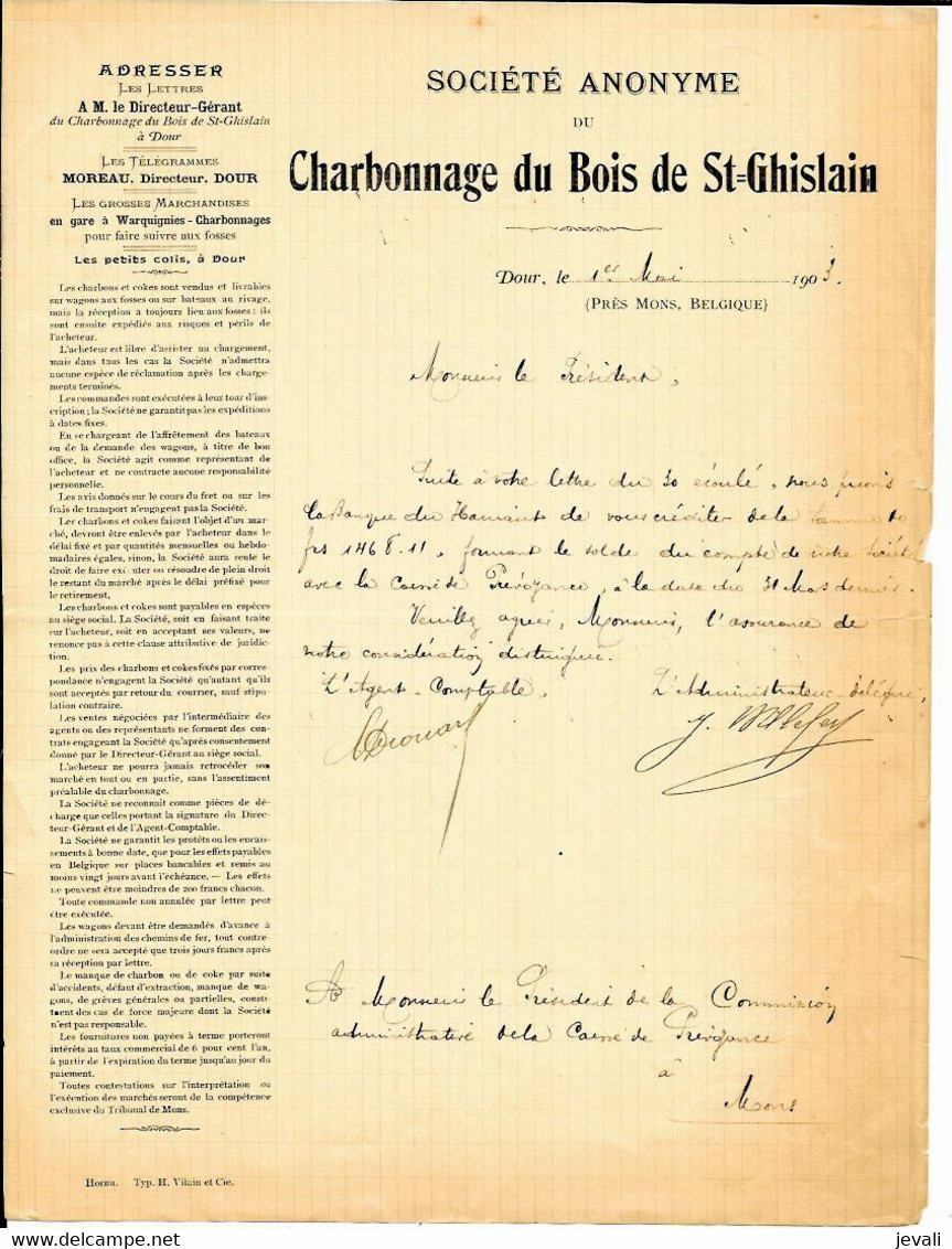 DOUR -   Société Anonyme Du Charbonnage Du Bois De St. GHISLAIN   1903 - Andere & Zonder Classificatie