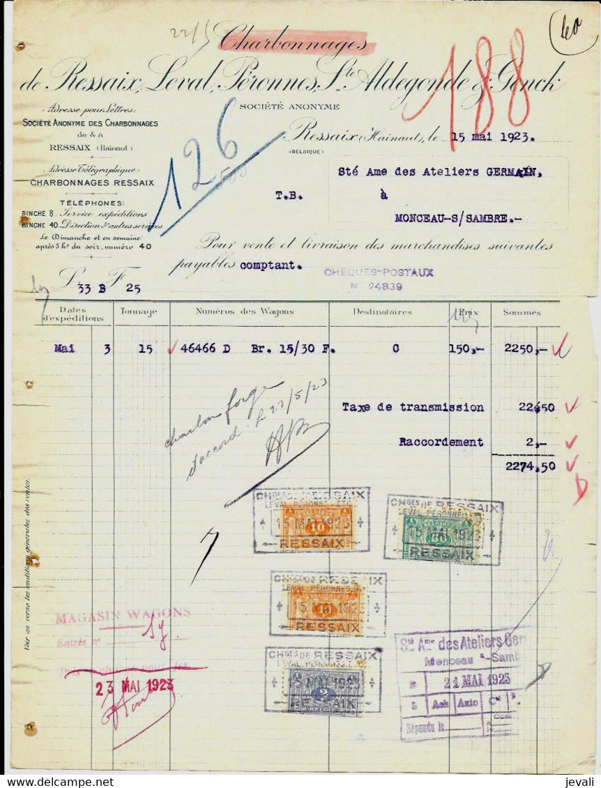 RESSAIX   Société Anonyme  Charbonnages  De RESSAIX,LEVAL,PÉRONNES,Ste ALDEGONDE & GENCK  1923 - Andere & Zonder Classificatie