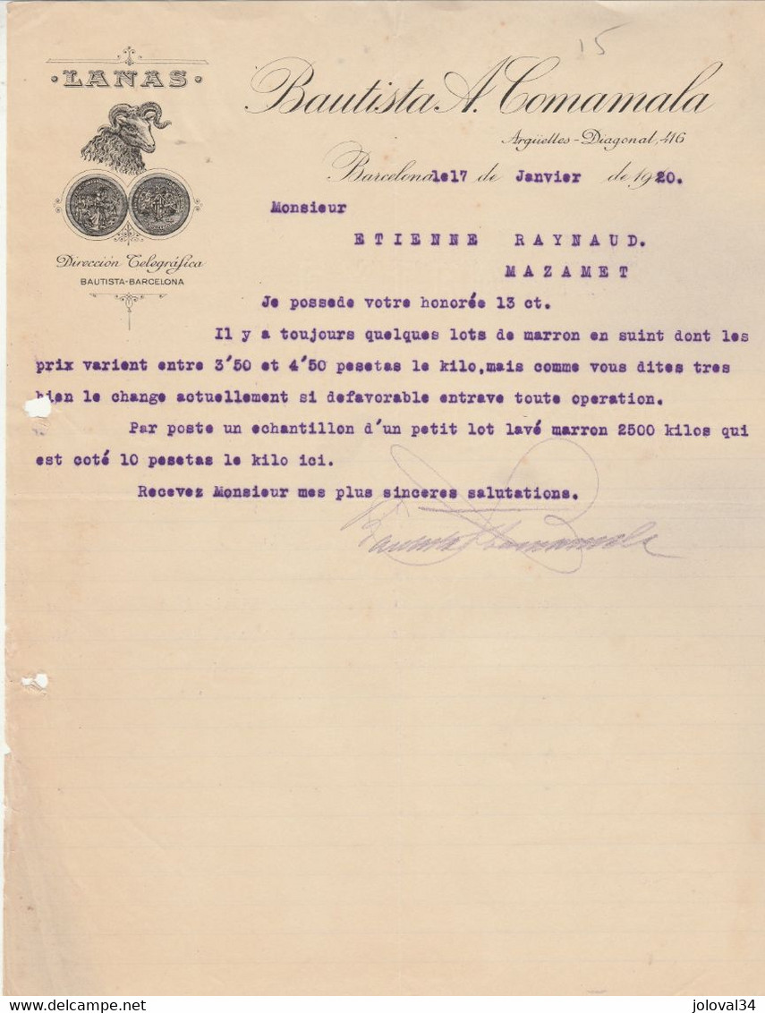 Lettre Illustrée Mouton 17/1/1920 Bautista A COMAMALA Laines BARCELONA Espagne - Espagne