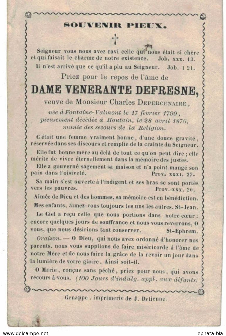 Venerante Defresne Née à Fontaine-Valmont (17-02-1709) Décédée à Houtain (28-04-1876) Vve Charles Depercenaire. - Images Religieuses