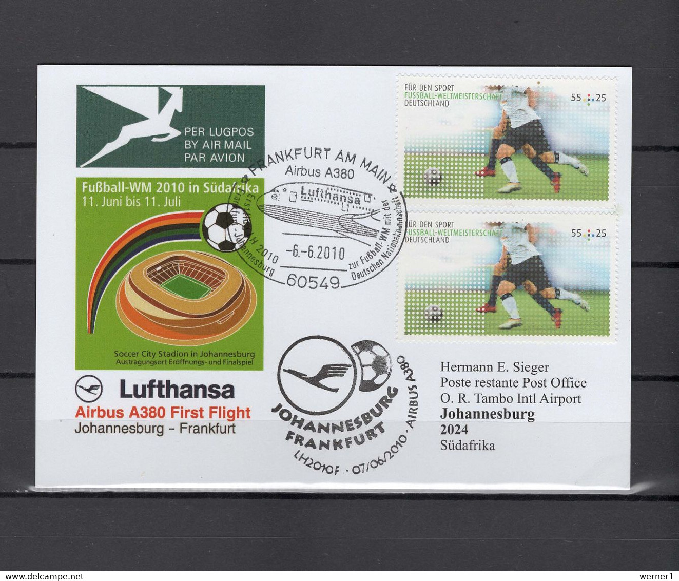 Germany 2010 Football Soccer World Cup Commemorative Flight Postcard To Johannesburg - 2010 – South Africa