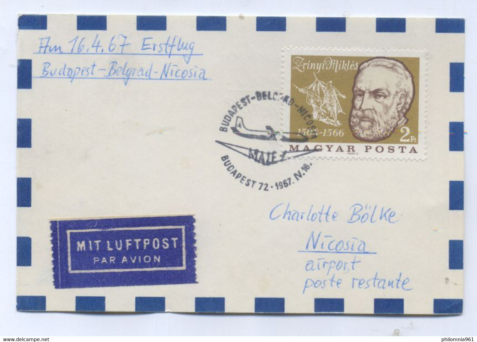 Hungary FIRST FLIGHT COVER TO Cyprus 1967 - Briefe U. Dokumente