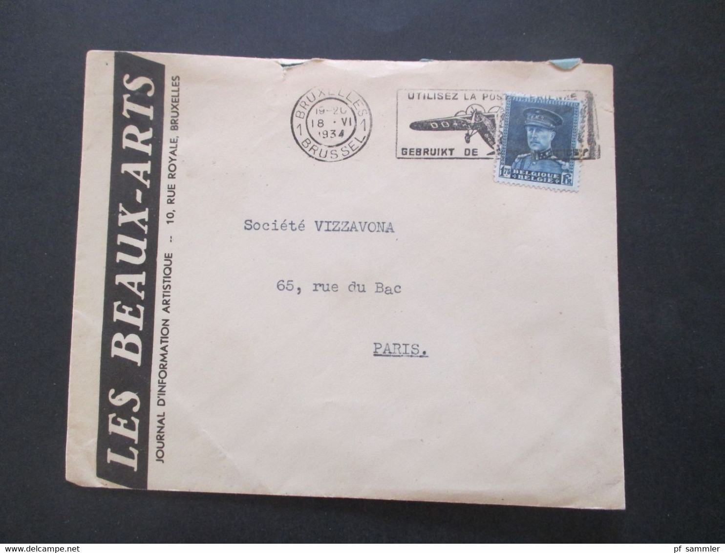 Belgien 1934 König Albert I. Nr.308 EF Umschlag Les Beaux-Arts Journal D`Information Artistique Auslandsbrief Nach Paris - Covers & Documents