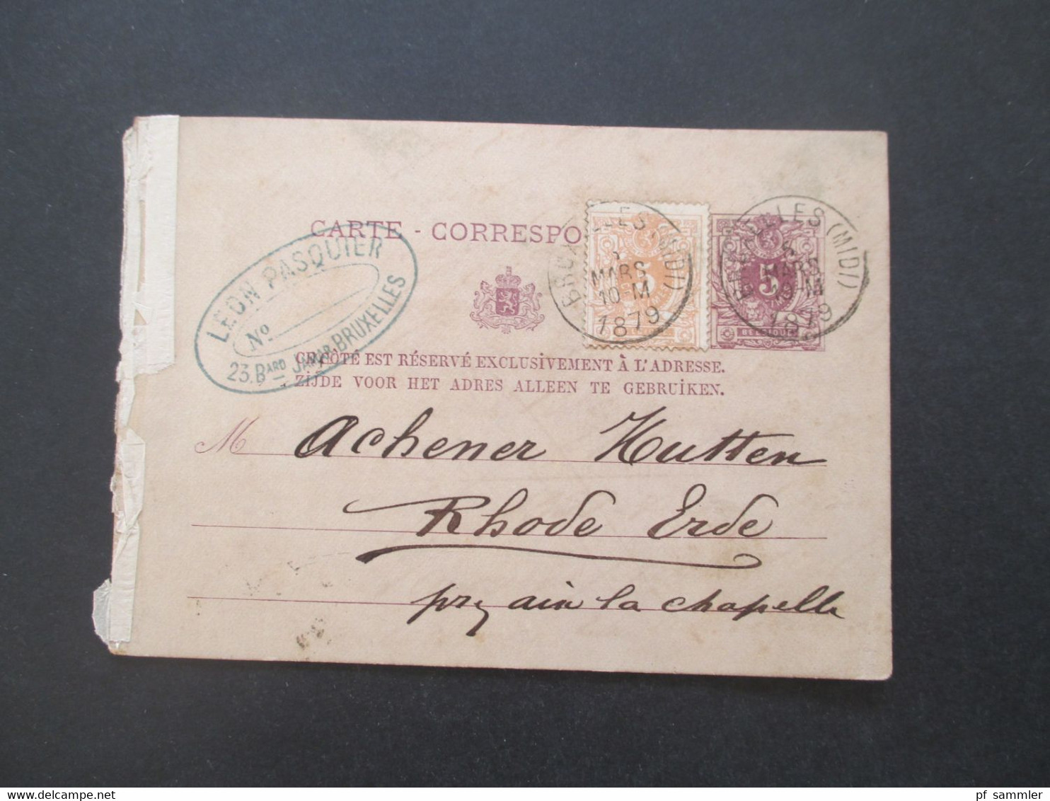 Belgien 1879 Ganzsache P 10 ?! Mit Zusatzfrankatur Leon Pasquier Bruxelles Nach Rhode... - Cartes Postales 1871-1909