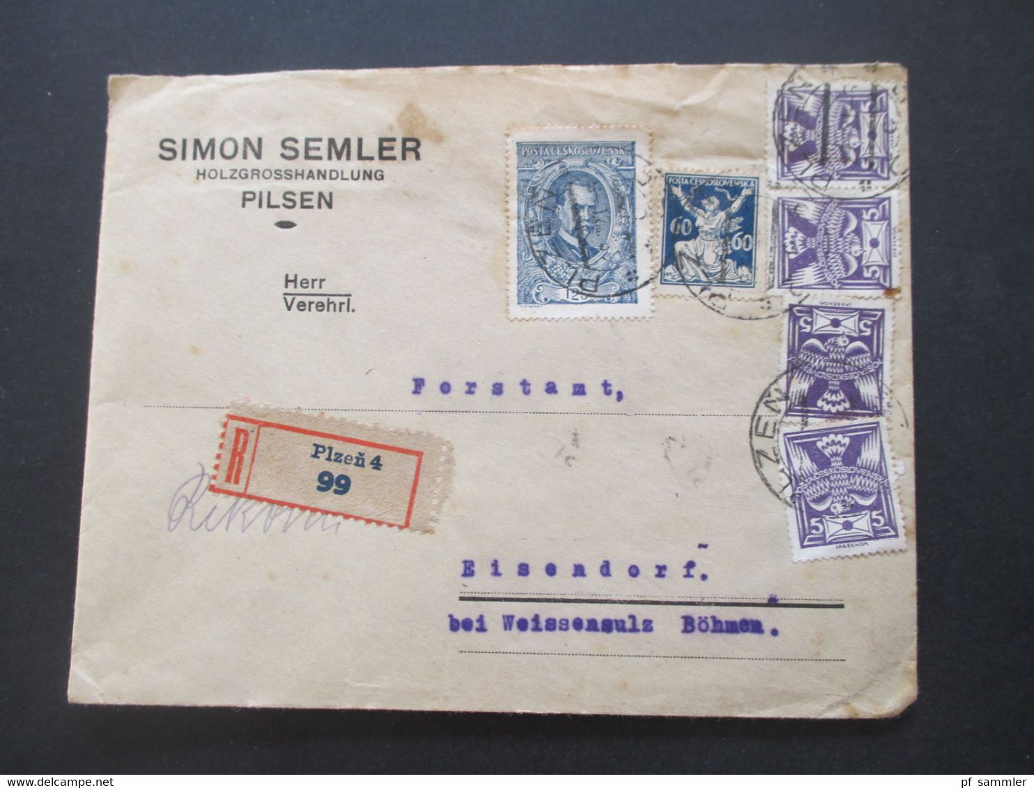 CSSR Um 1920 Nr. 161 MiF Freimarken Republik Einschreiben Plzen Pilsen Simon Semmler Holzgrosshandlung Nach Eisendorf - Brieven En Documenten