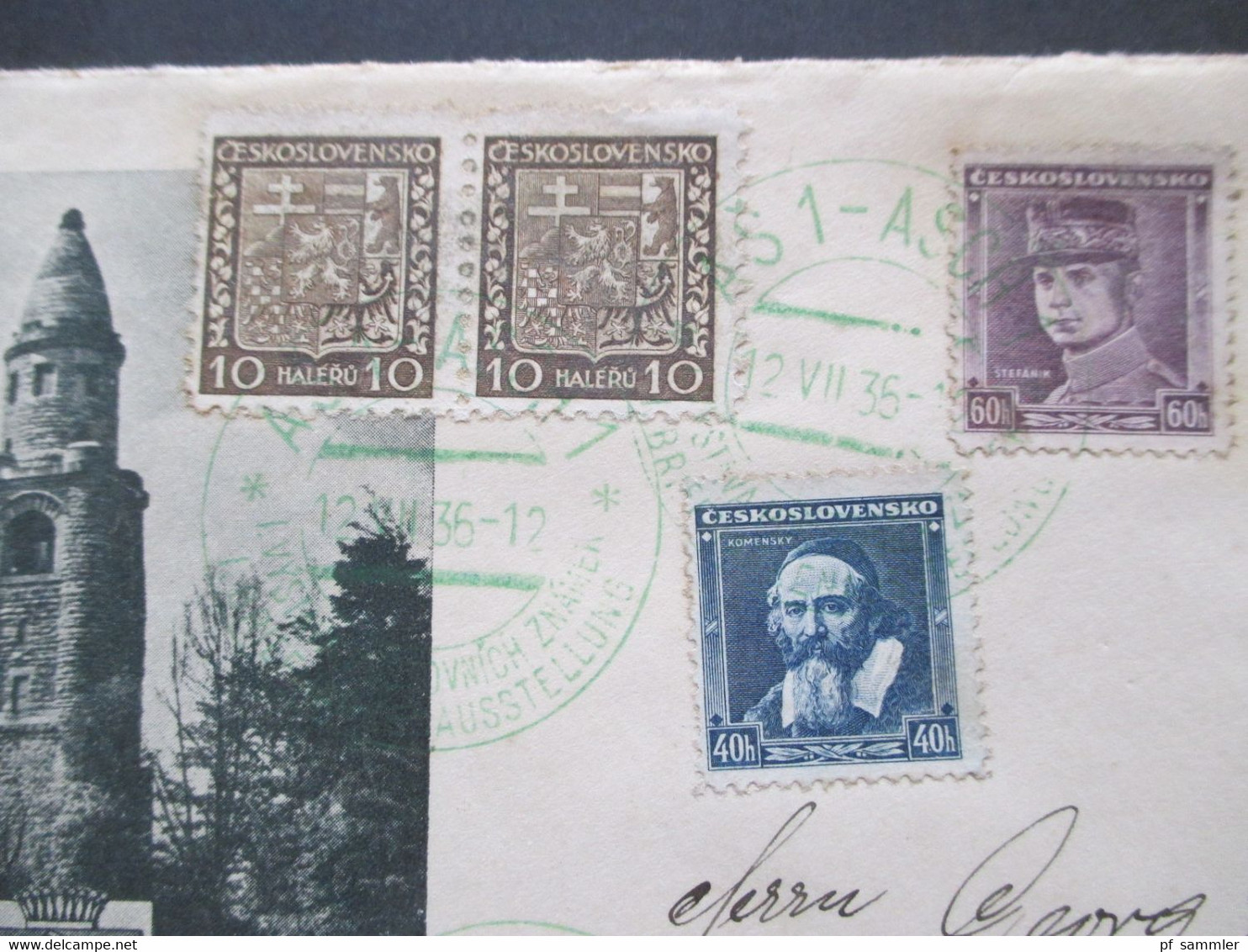 CSSR 1936 Sonderumschlag 1. Ausstellung Des Briefmarkensammler Vereins MerkuR In Asch (Sudetenland) Grüner Sonderstempel - Covers & Documents