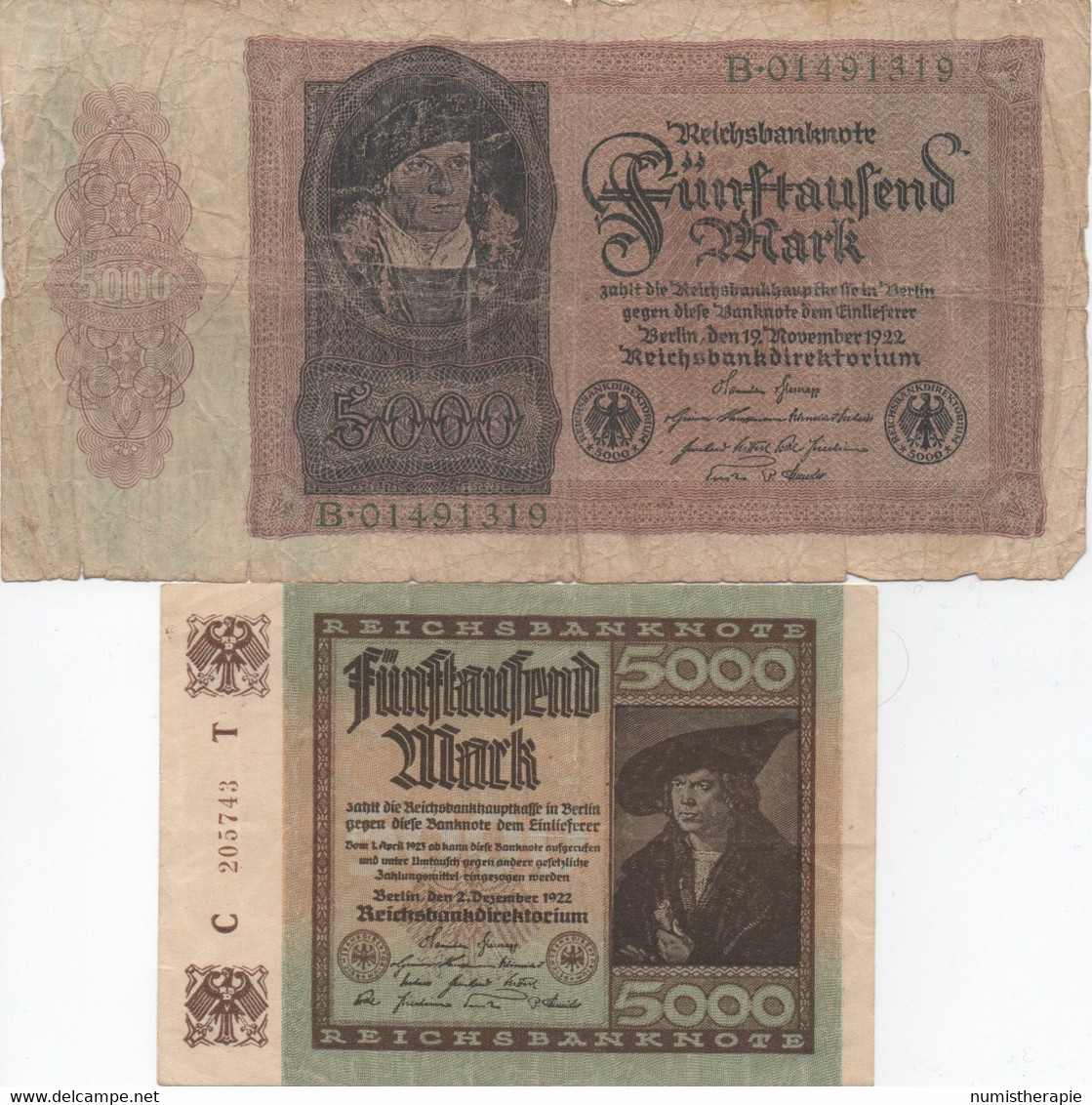 Lot De 2 Billets De Reichsbanknote : 5000 Mark (Nov 1922 - Déc 1922) - 5000 Mark