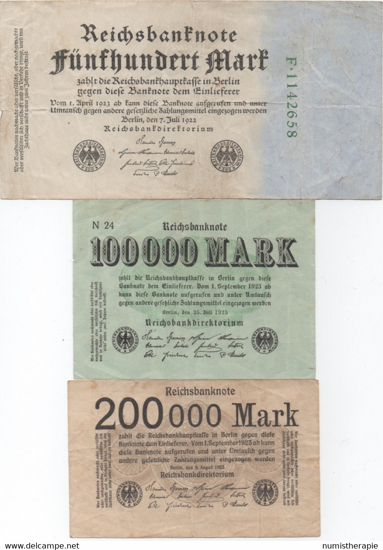 Lot De 3 Billets De Reichsbanknote : 5000 Mark (Jul 1922) + 100000 Mark (Jul 1923) + 200000 Mark (Août 1923) - Sammlungen