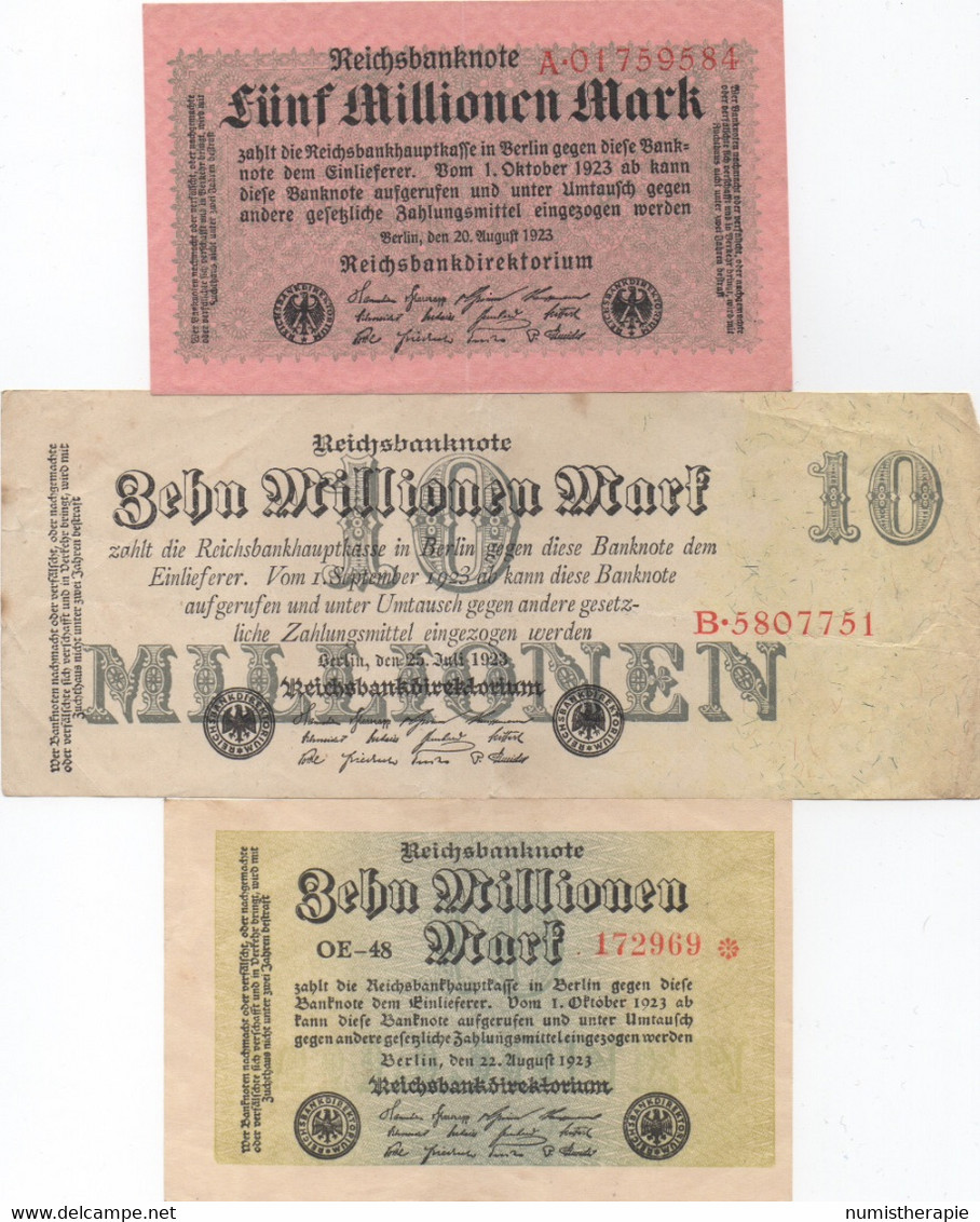 Lot De 3 Billets De Reichsbanknote : 5 Millions (Août 1923) + 10 Millions (Juil 1923) + 10 Millions (Août 1923) - 5 Millionen Mark