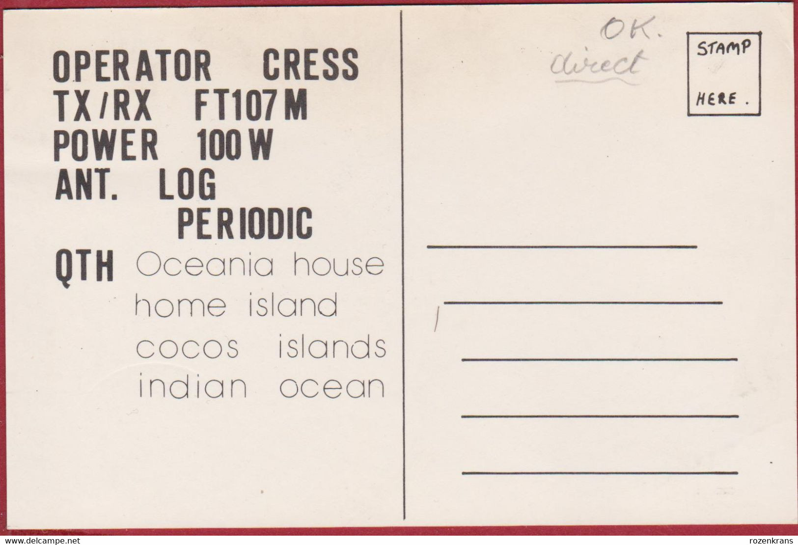 QSL Card Amateur Radio Funkkarte Keeling Cocos Islands Pulu Selma Home Island Oceania House - Pacific Ocean - Radio Amateur