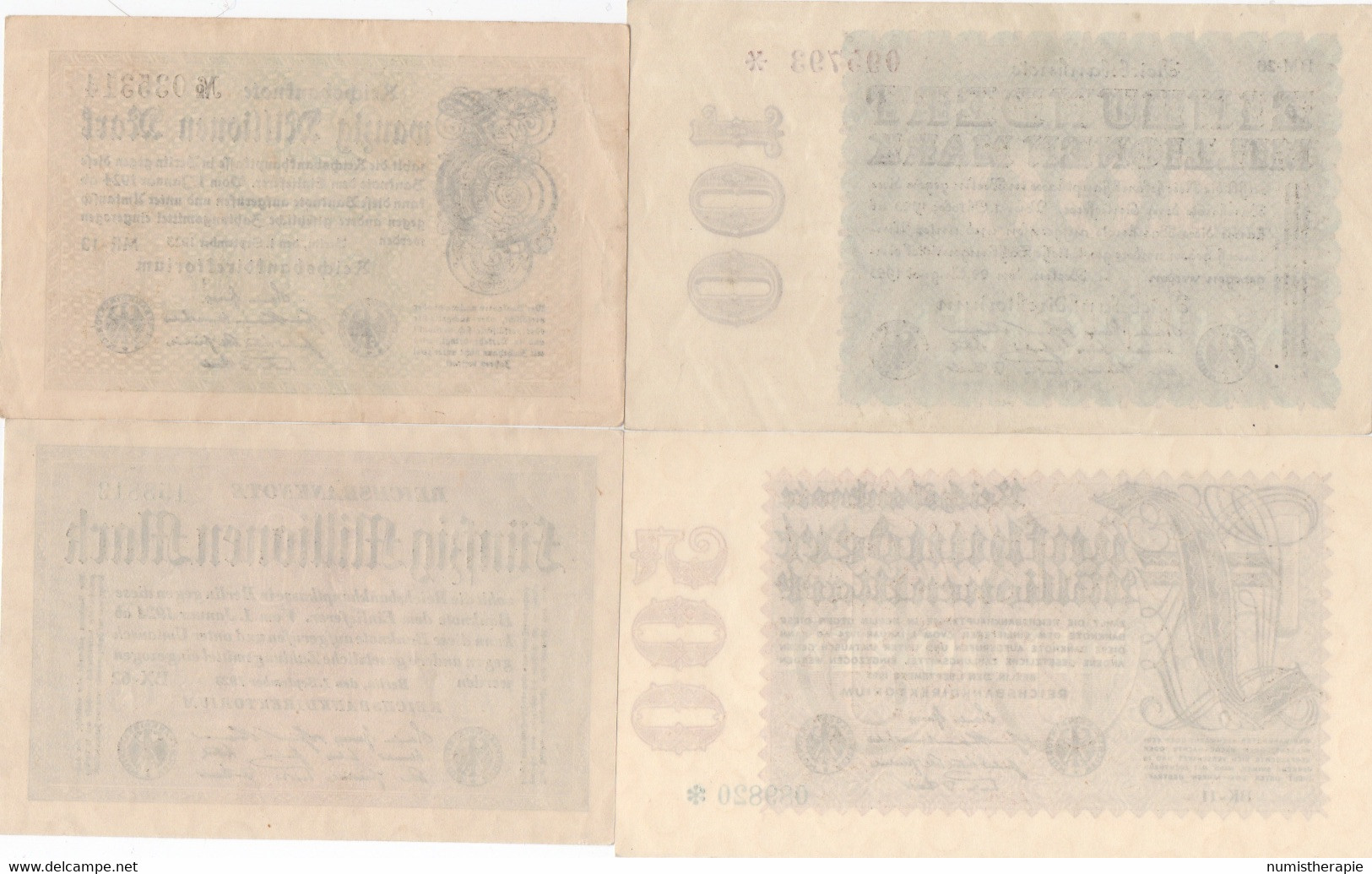 Série De 4 Billets De Reichsbanknote 1923 : 20 Millions + 50 Millions  + 100 Millions + 500 Millions - 20 Millionen Mark