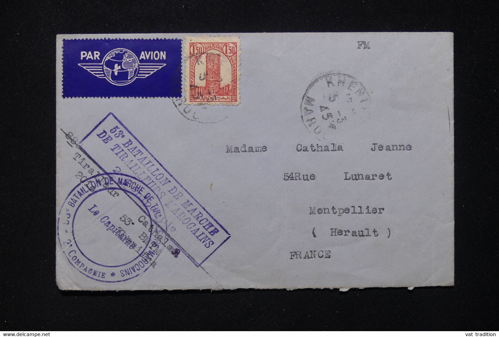 MAROC - Enveloppe En FM Pour La France En 1945 Avec Cachet D'un Bataillon De Marche De Tirailleurs Marocains - L 80876 - Autres & Non Classés
