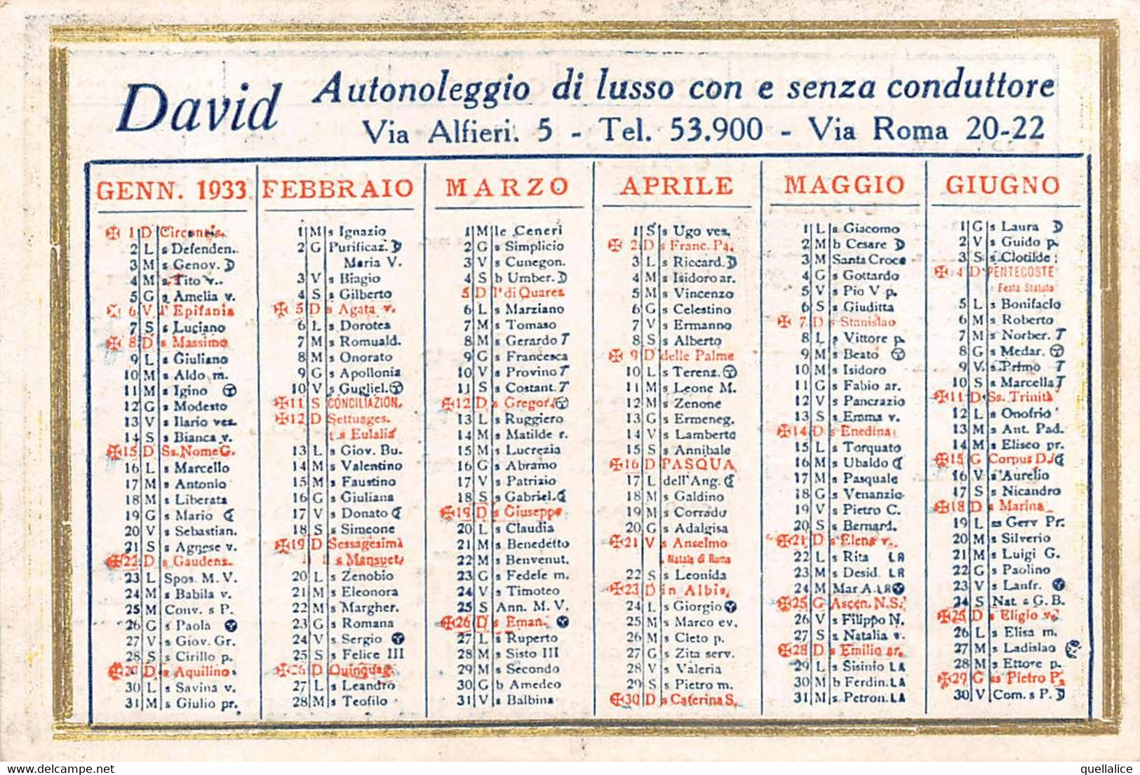 02089 "TORINO - DAVID AUTONOLEGGIO DI LUSSO CON E SENZA CONDUTTORE - CALENDARIETTO 1933" ORIG - Grossformat : 1921-40
