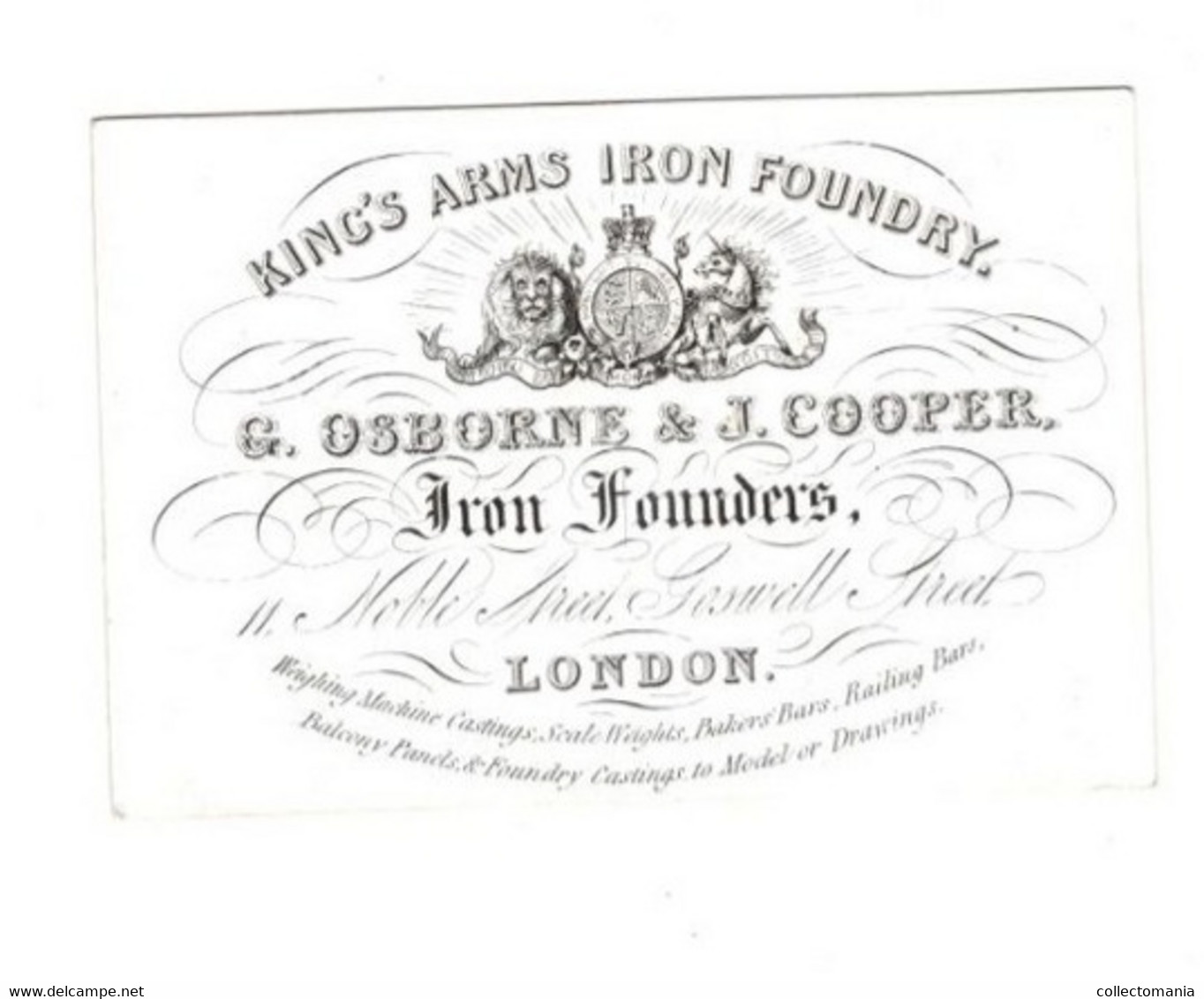 1 Visit Card King's Arms Iron Foundry G. Osborne & J.Cooper  Iron Founders Noble Street London  9 X 6 Cm - Porcelana