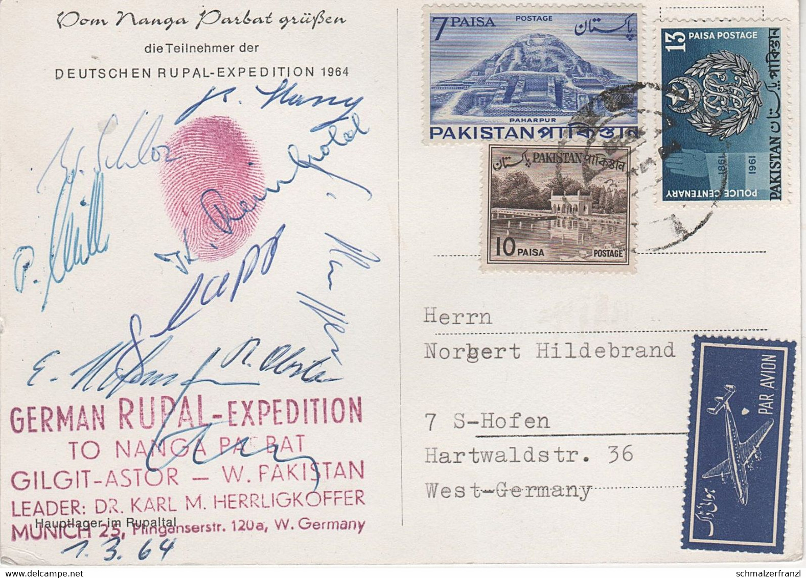 AK Nanga Parbat Deutsche Rupal Expedition 1964 Herrligkoffer Himalaya Himalayas Pakistan Unterschrift Signature Stempel - Pakistan