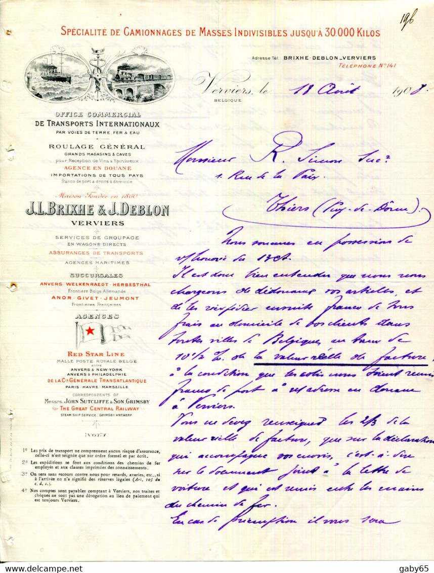 BELGIQUE.VERVIERS.CAMIONNAGES DE MASSES INDIVISIBLES JUSQU'A 30 000 KG.BRIXHE & DEBLON TRANSPORTS PAR TERRE,FER & EAU. - Verkehr & Transport