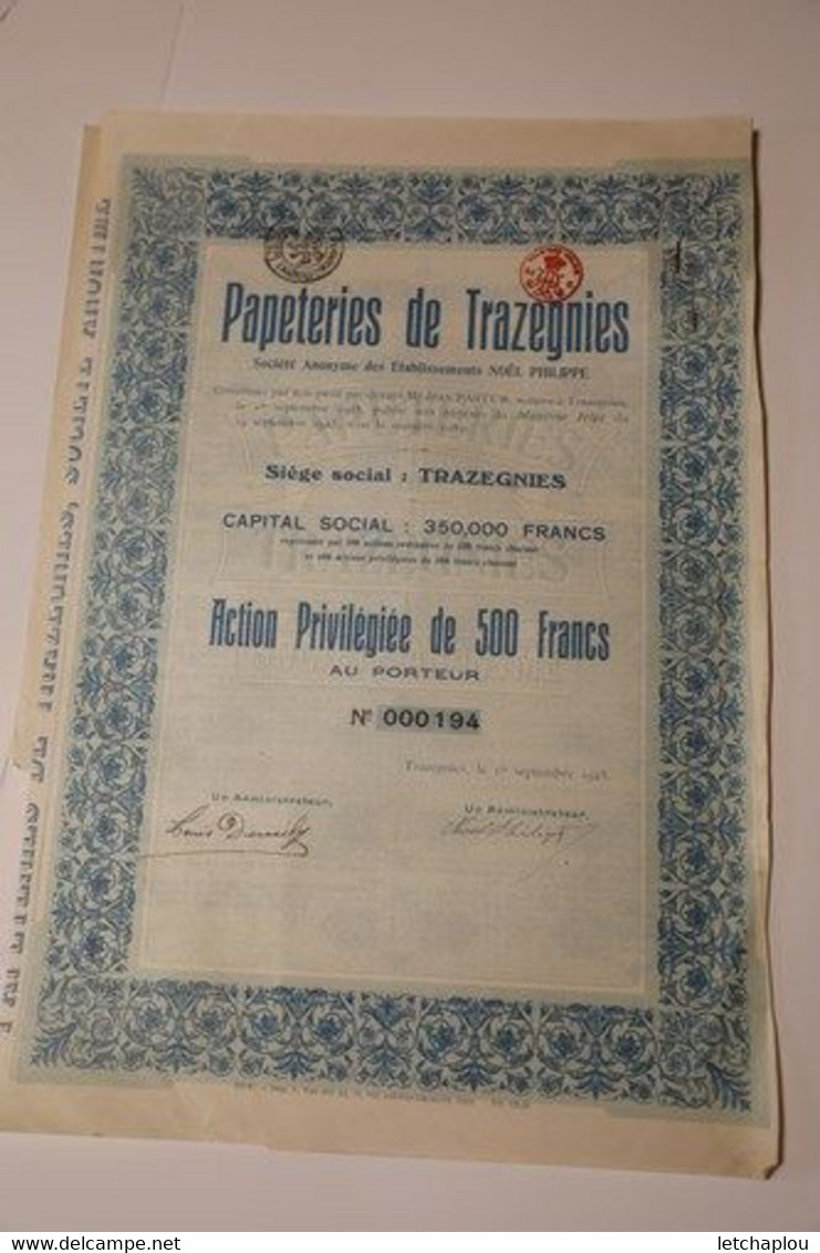 Papeteries De Trazegnies Actions Privilégiées De  500 Francs - Other & Unclassified