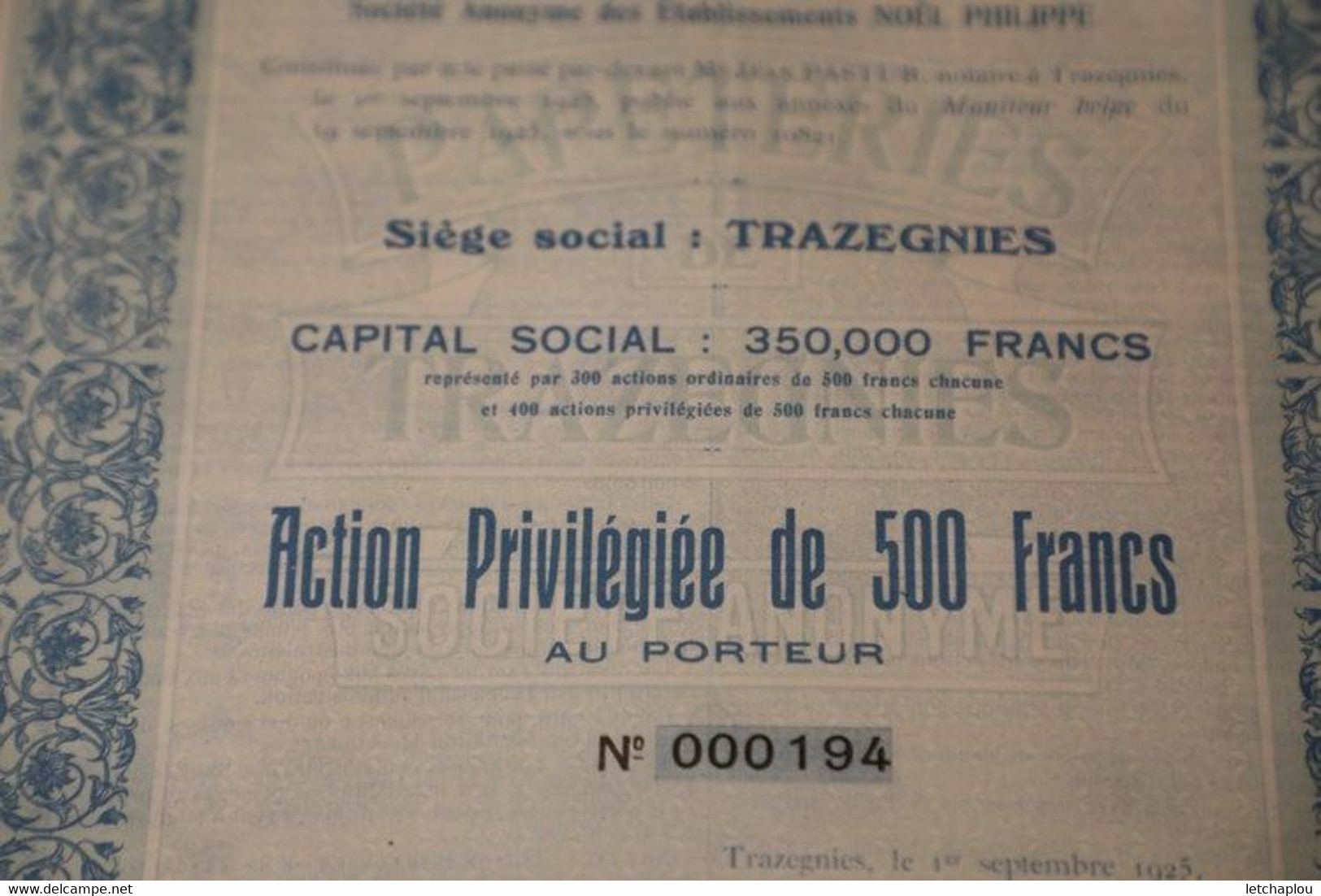 Papeteries De Trazegnies Actions Privilégiées De  500 Francs - Other & Unclassified