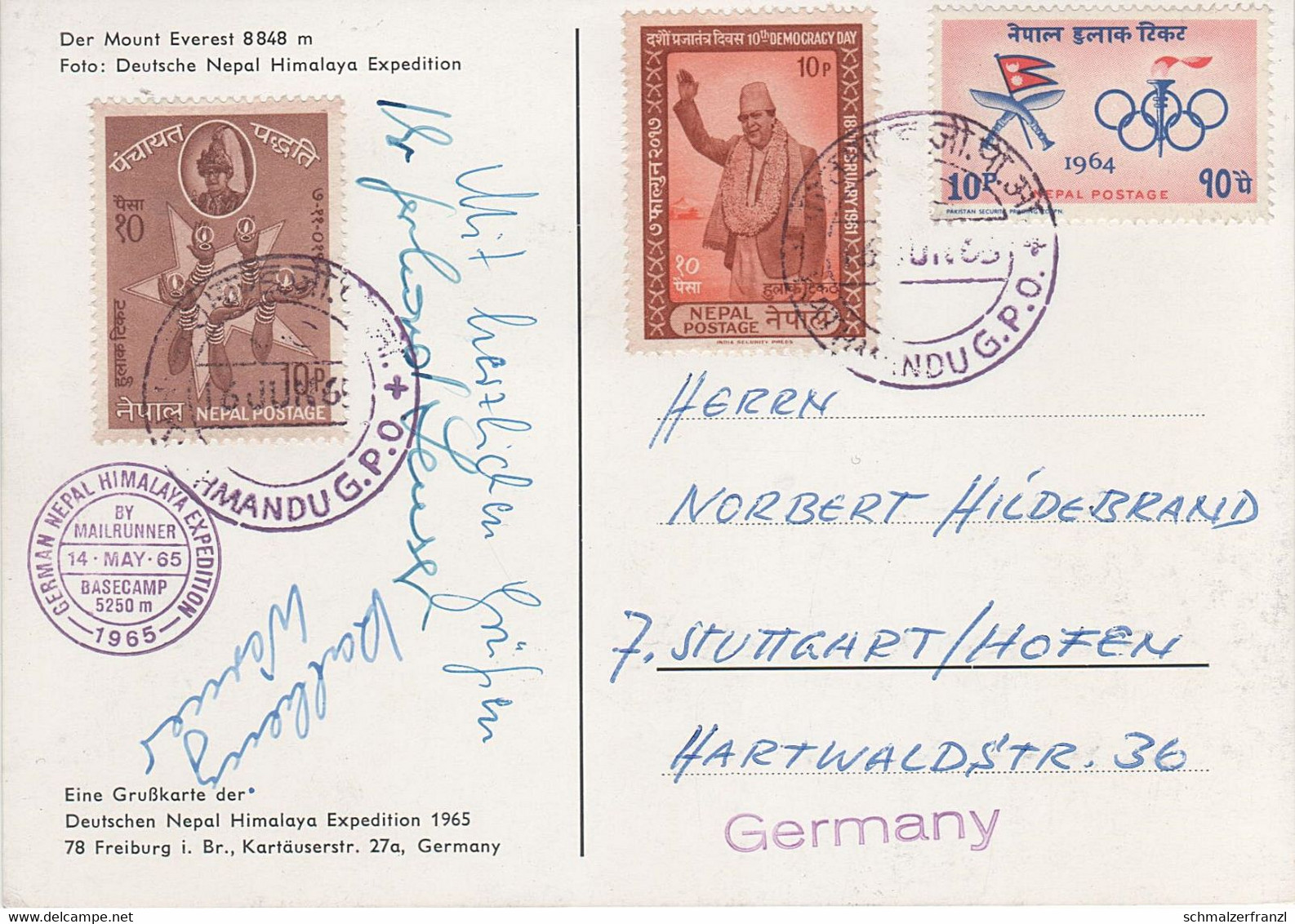 AK Deutsche Nepal Himalaya Expedition 1965 Mount Everest Gerhard Lenser Werner Himalayas Unterschrift Signature Stempel - Népal