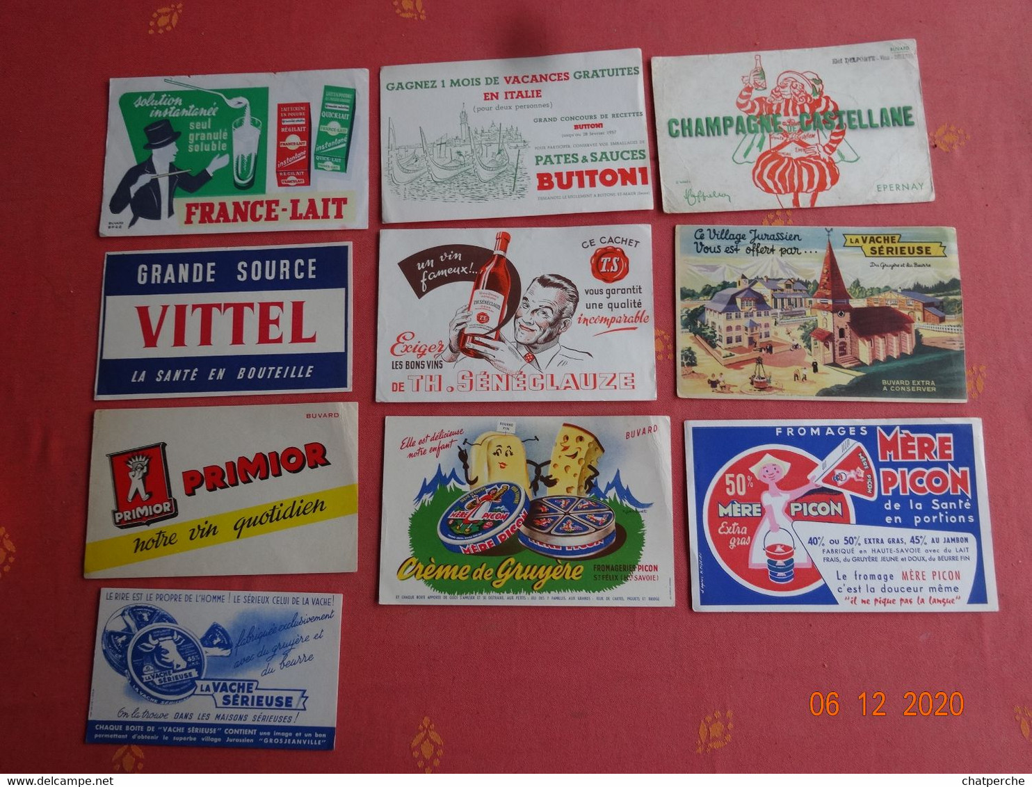 LOT 10 BUVARDS BLOTTING PAPER BUITONI VINS TS CHAMPAGNE CASTELLANE  VACHE SERIEUSE MERE PICON FRANCE LAIT VITTEL PRIMIOR - Lots & Serien