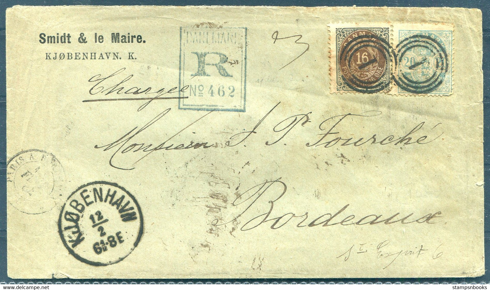 1884 Denmark 36 Ore Mixed (16 Ore Bi-colour + 20ore Coat Of Arms) Franking Registered Cover Copenhagen - Bordeaux France - Storia Postale