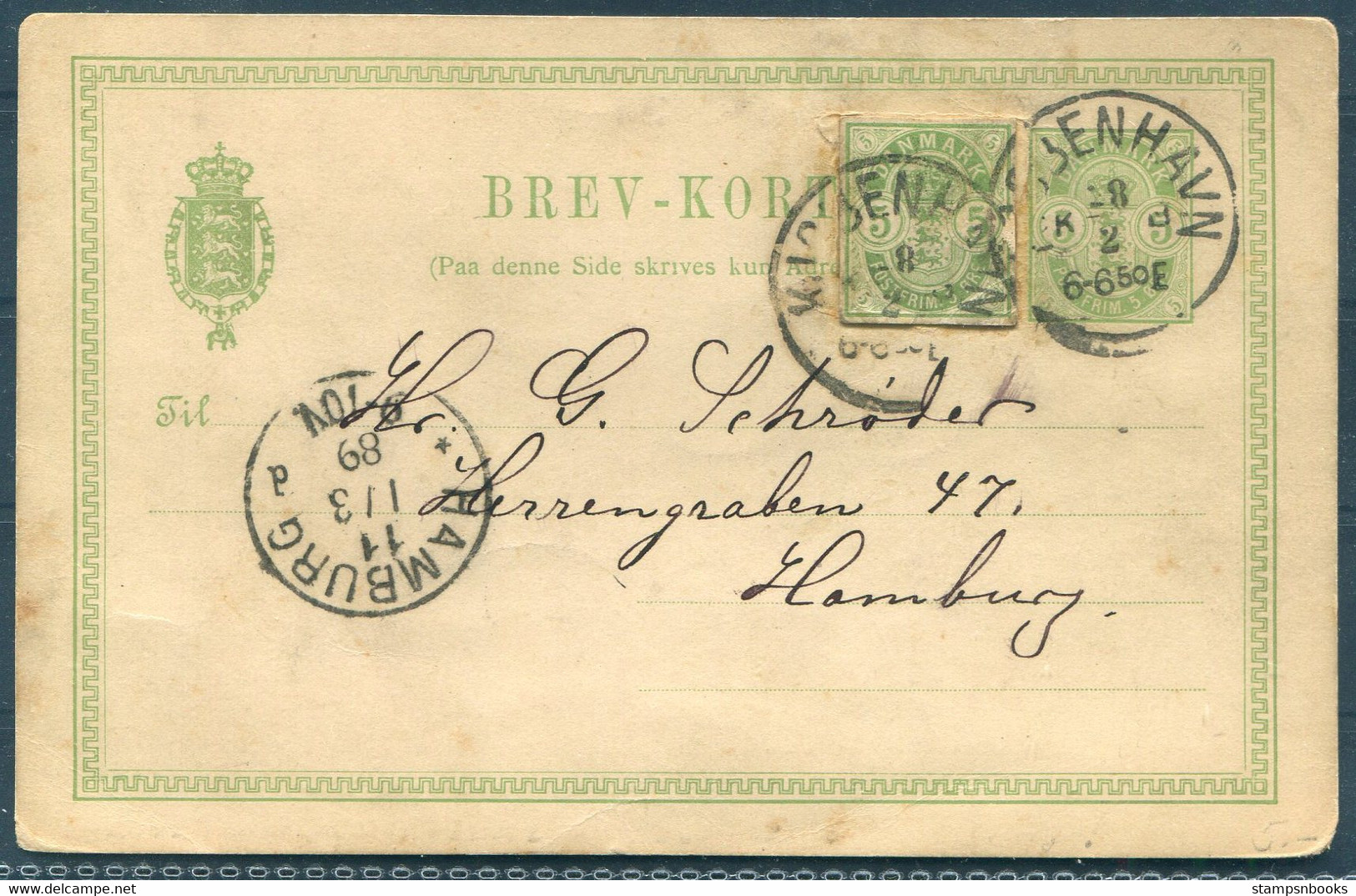 1889 Denmark Uprated 5 Ore Stationery Postcard (+ 5 Ore Helsagsafklip Cut-out) Copenhagen - Hamburg Germany - Briefe U. Dokumente