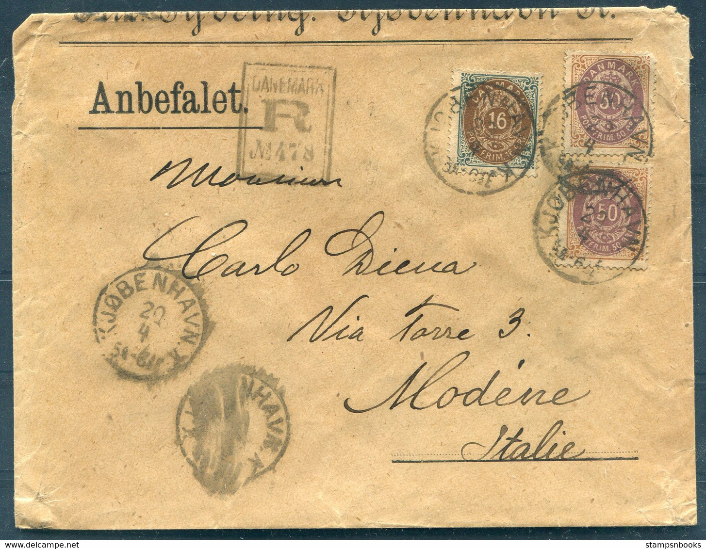 Denmark Copenhagen Registered Anbefalet 1 Kr 16 Ore Bi-colour Rate ( 2 X 50 Ore + 16 Ore) Cover - Modena Italy. - Brieven En Documenten