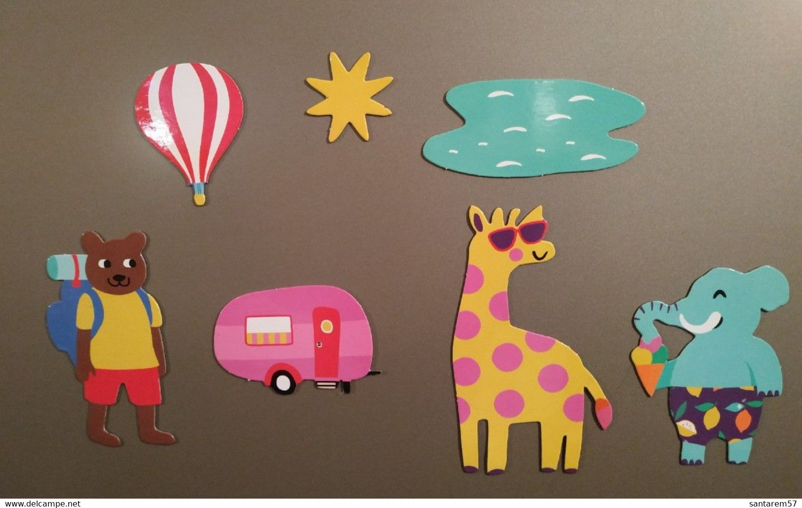 Lot 7 Magnets Ours Brun Soleil Girafe Nuage Eléphant Roulotte Montgolfière - Magnets