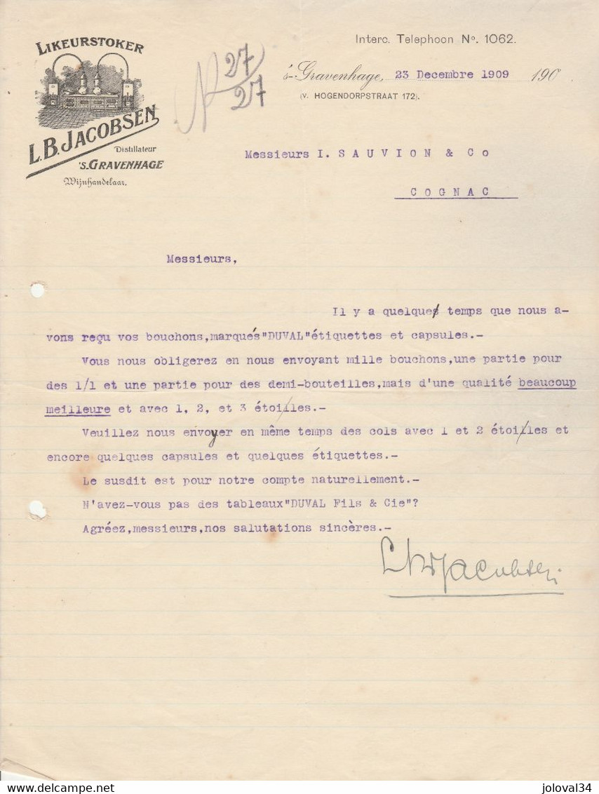 Lettre Illustrée 23/12/1909 L B JACOBSEN Distillateur GRAVENHAGE Pays Bas - Fente Au Pli - Netherlands