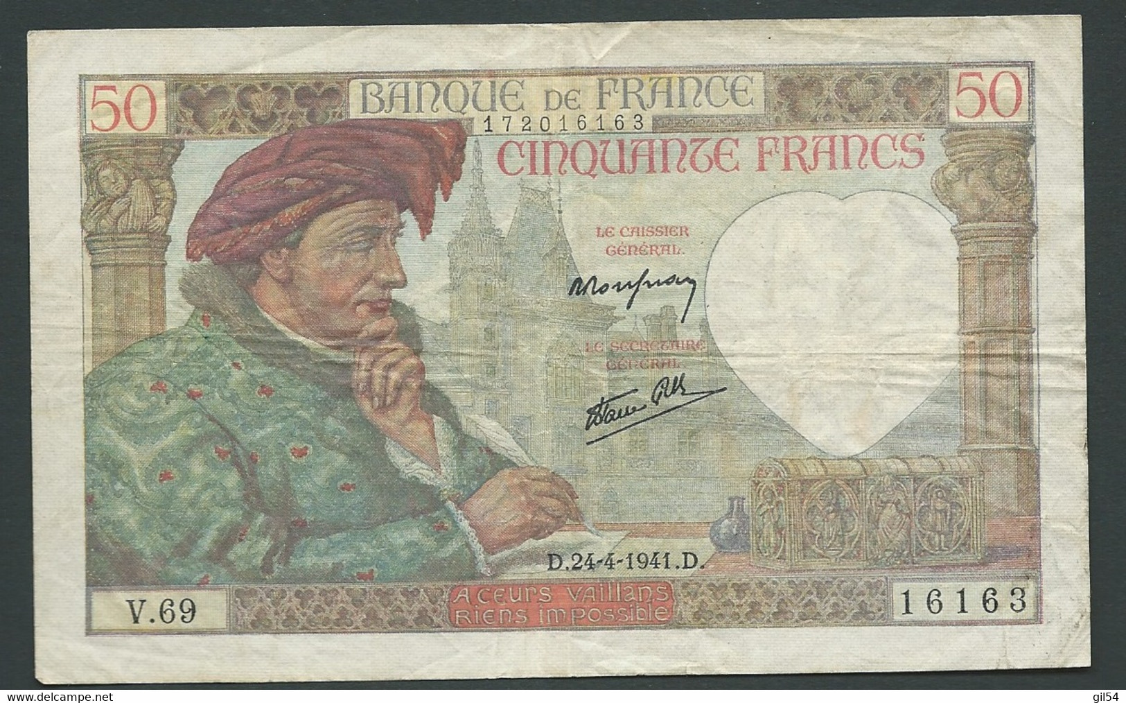 FRANCE BILLET  50 Francs, Jacques Coeur, 124/4/941   --  V.69   16163  DANS L'état  LAURA5706 - 50 F 1940-1942 ''Jacques Coeur''