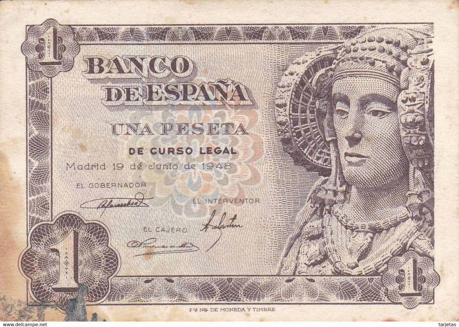 BILLETE DE 1 PTA DEL AÑO 1948 SERIE F - DAMA DE ELCHE  (BANKNOTE) - 1-2 Pesetas