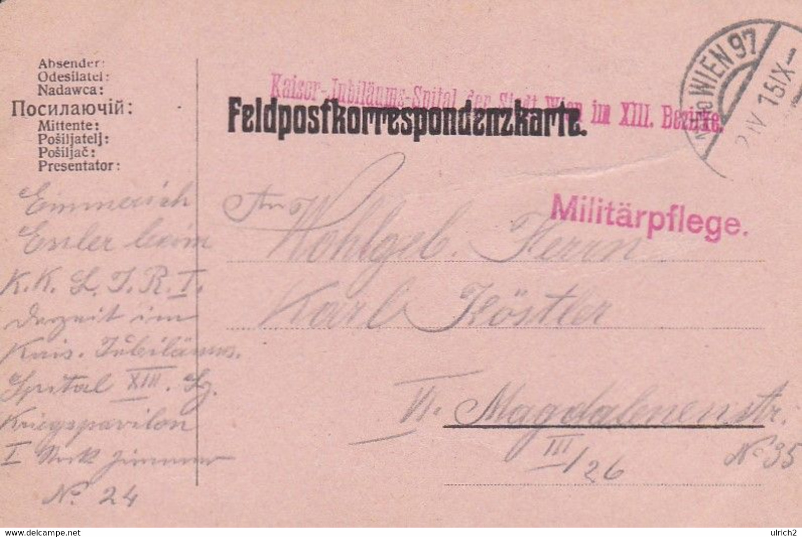 Feldpostkarte - Kaiser-Jubiläums.Spital Der Stadt Wien - 1915 (53106) - Briefe U. Dokumente