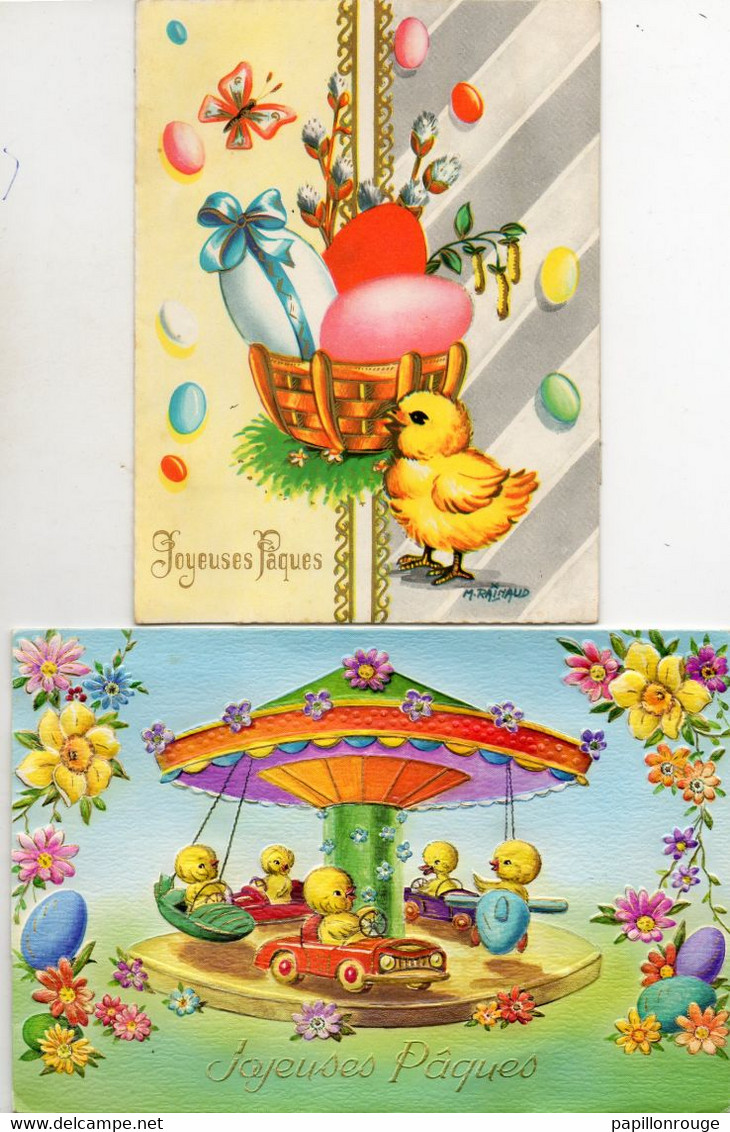 2 Cartes à Systeme - Intérieur Découpé - Pop Up - Paques - Poussins - Cloches - Manéges - 2 Scans - - Cartoline Con Meccanismi