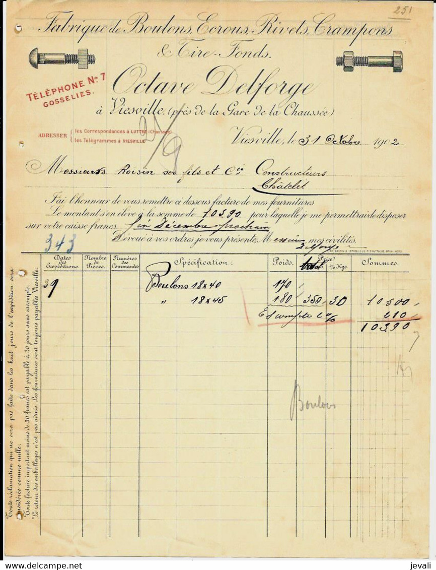 VIESVILLE - Octave DELFORGE  Fabrique De Boulons , Rivets , Tire-fond  ( Près De La Gare De Lachaussée )  1902 - Otros & Sin Clasificación