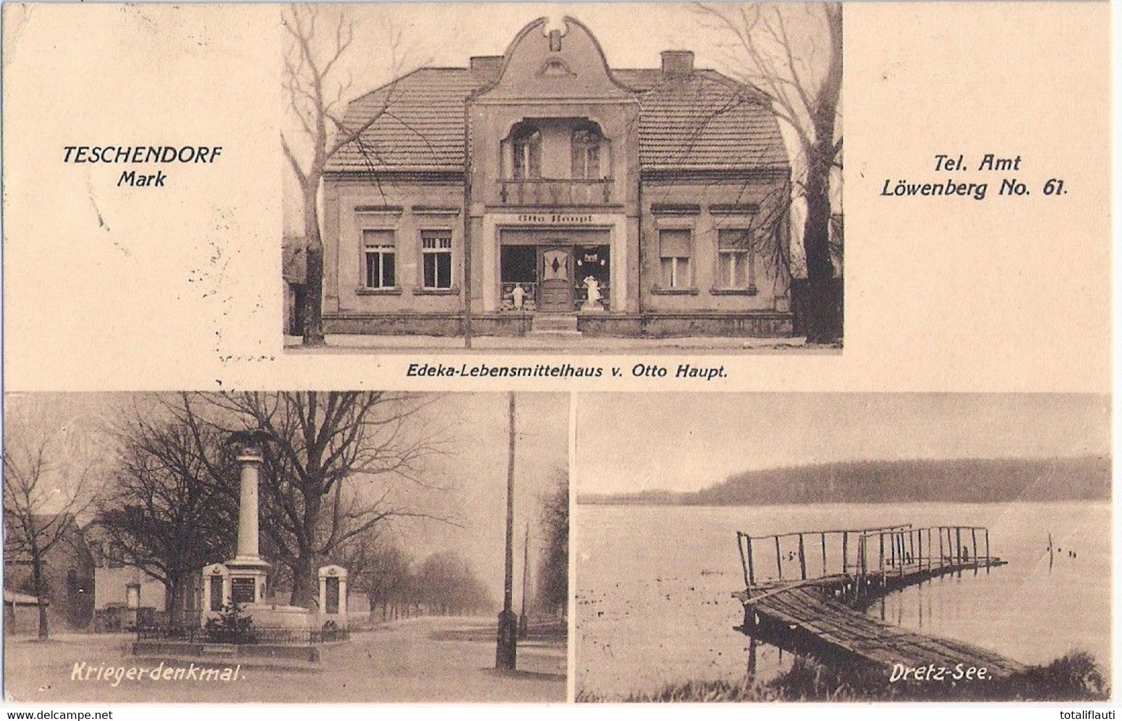 TESCHENDORF Mark Brandenburg EDEKA Lebensmittelhaus Otto Haupt Denkmal 24.1.1922 Gelaufen - Wittstock