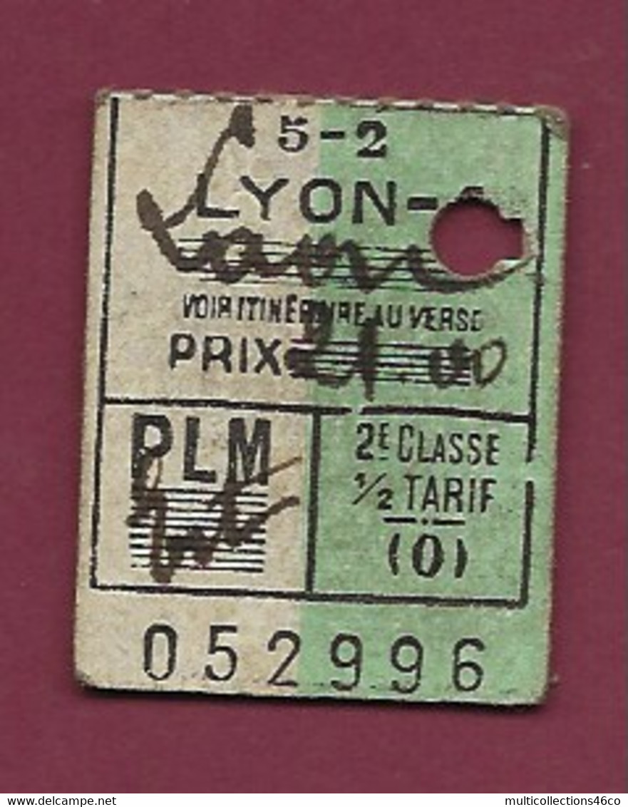 061220A - TICKET CHEMIN DE FER TRAMWAY - FRANCE LYON LAON 5-2 PLM 2e Classe 1/2 Tarif 052996 - Europe