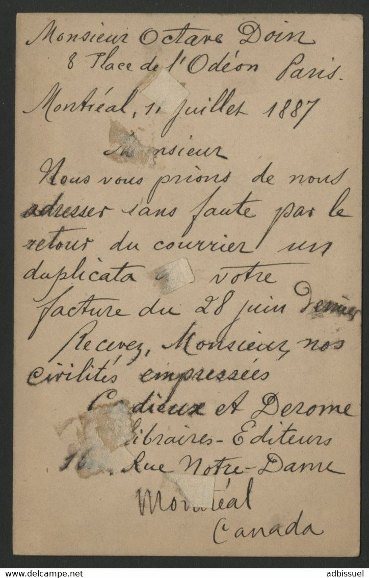 CANADA CARTE ENTIER POSTAL De MONTREAL Pour PARIS En 1887 (voir Description) - Cartas & Documentos