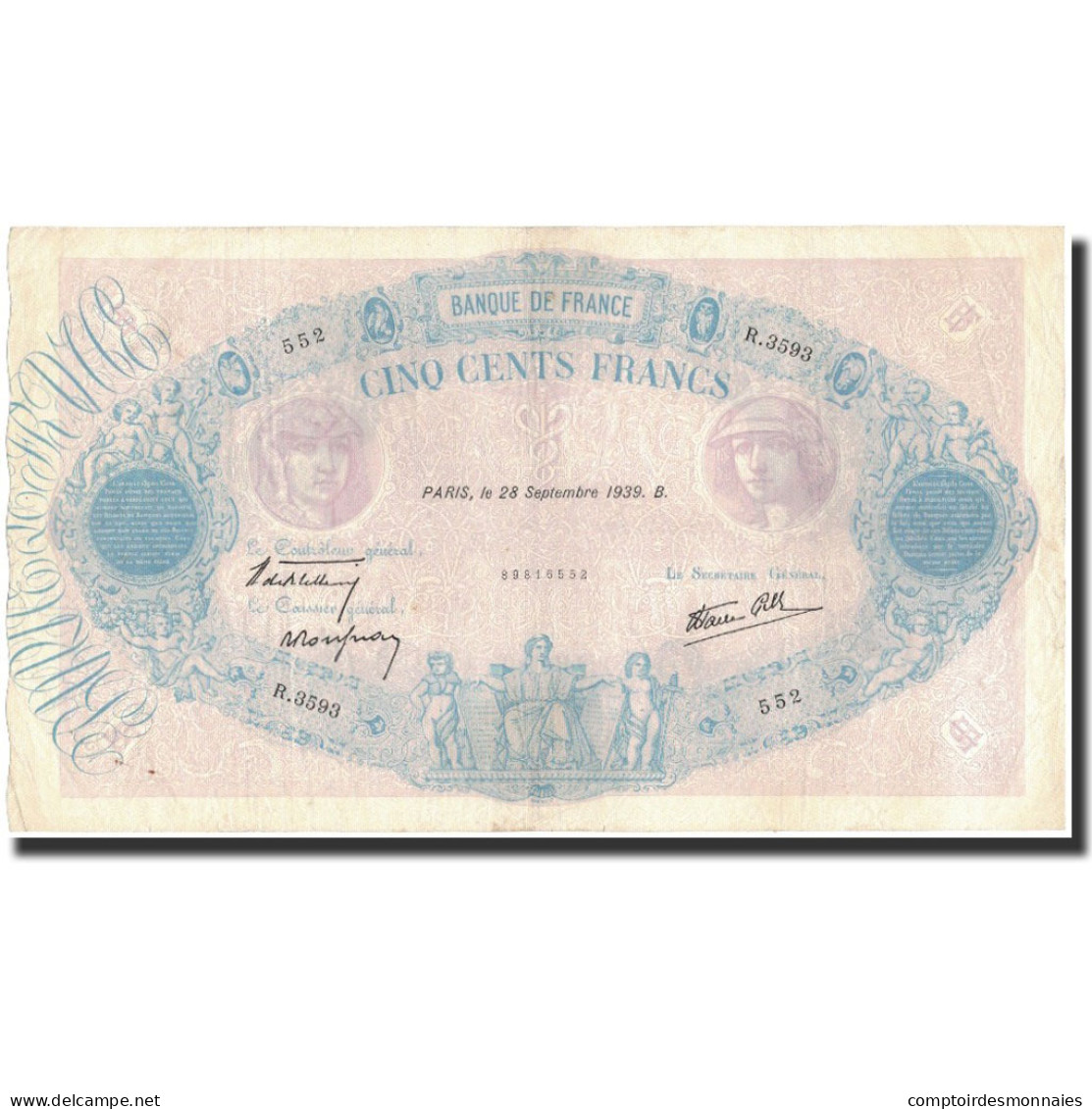 France, 500 Francs, 1939-09-28, TTB, Fayette:31.41, KM:88c - 500 F 1888-1940 ''Bleu Et Rose''