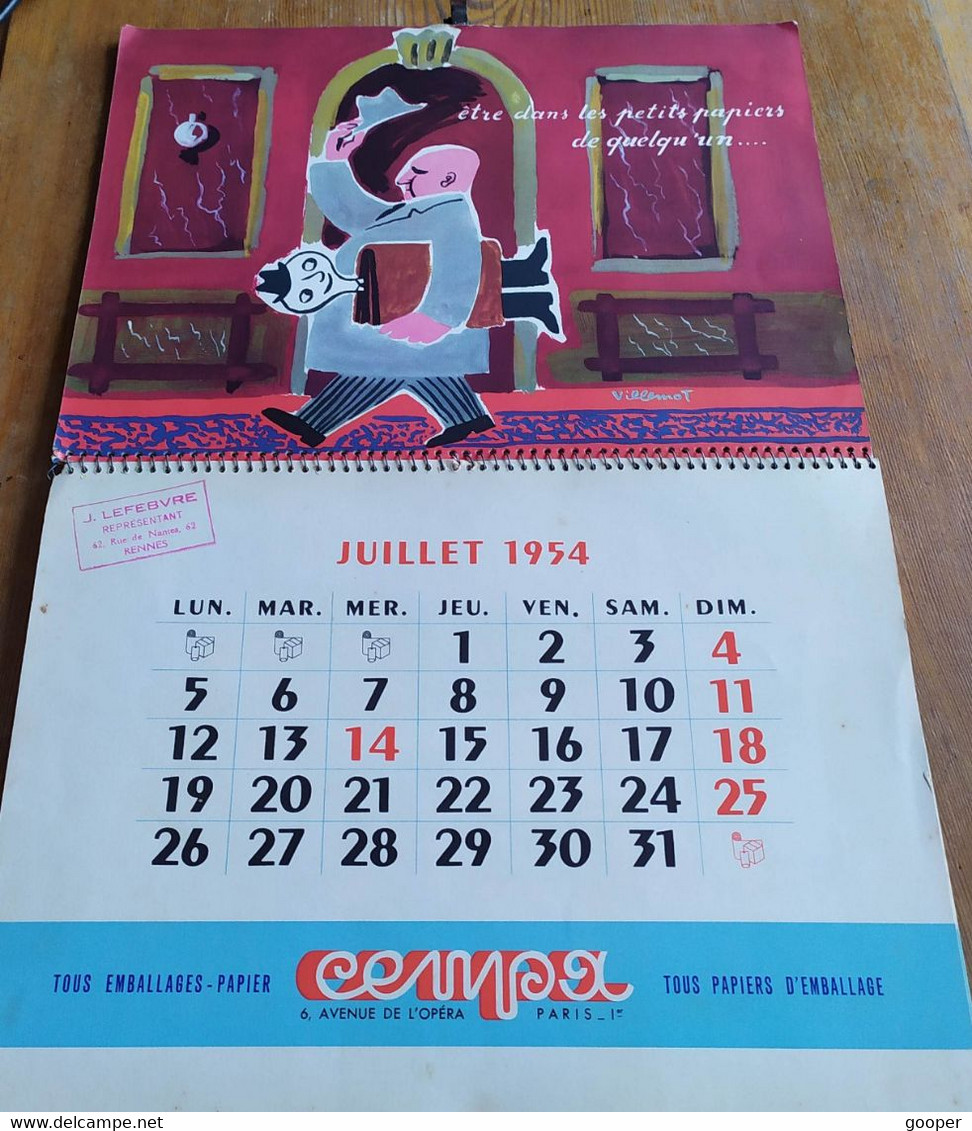 Calendrier 1954 Publicitaire CENPA, Avec Illustration De Bernard, Carlu, Effel, Villemot - Big : 1941-60