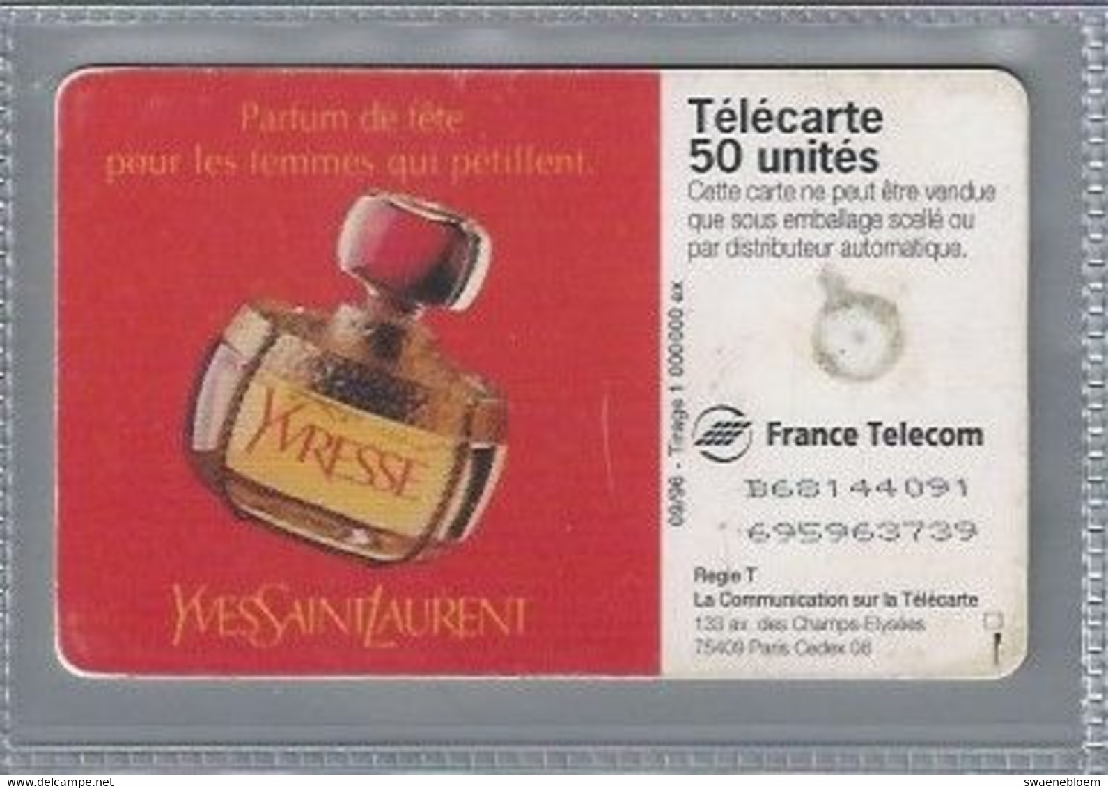 FR.- France Telecom. Télécarte. PARFUM YVRESSE. YVES SAINT LAURENT. .50 Unités. - Perfume