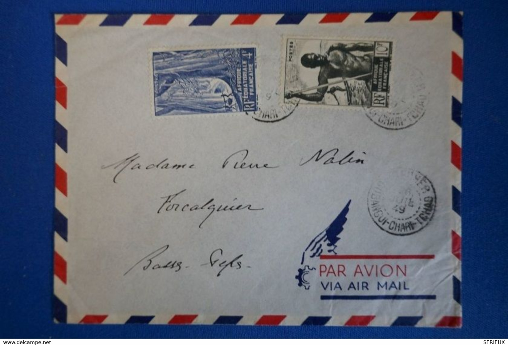 43 AFRIQUE EQUAT FRANCAISE TCHAD 1949 PAR AVION POUR FORCALQUIER ALPES - Briefe U. Dokumente