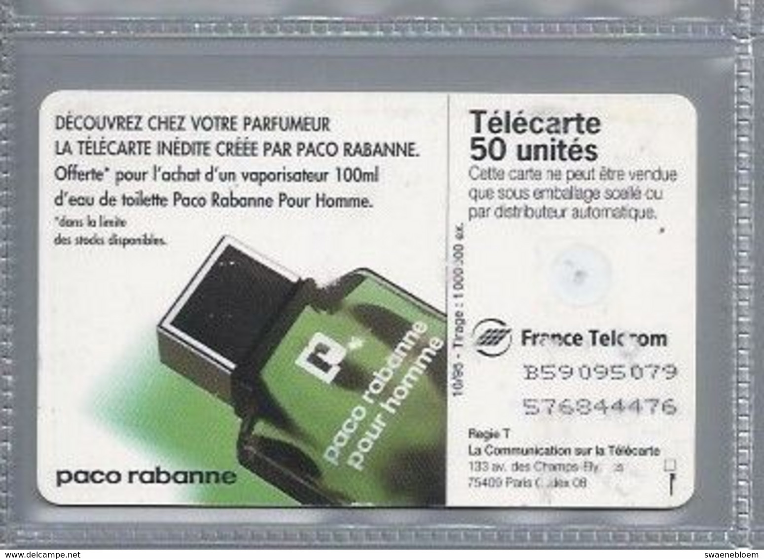 FR.- France Telecom. Télécarte. IL NE TIENT QU'A VOUS QU'ELLE VOUS RAPPELLE. PACO RABANNE .50 Unités. - Parfum